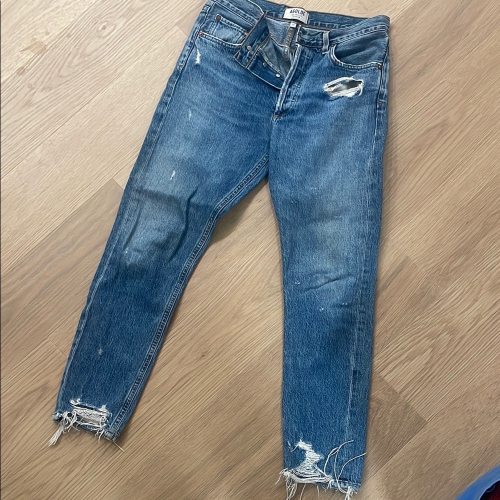 Agolde Blue Ankle Cropped Jeans Distressed Hem